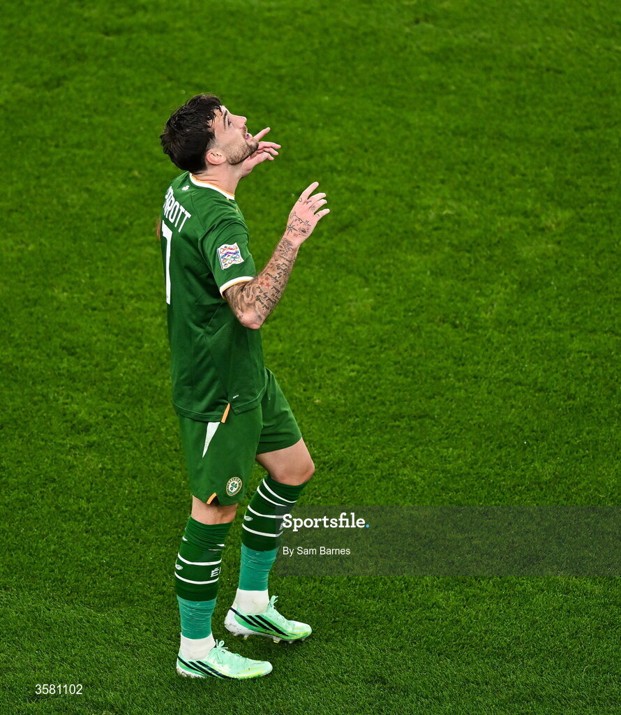 1 October 2026; Troy Parrott of Republic of Ireland celebrates after scoring his side's first goal during the UEFA Nations League B match between the Republic of Ireland and Austria at the Aviva Stadium in Dublin. Photo by Sam Barnes/Sportsfile