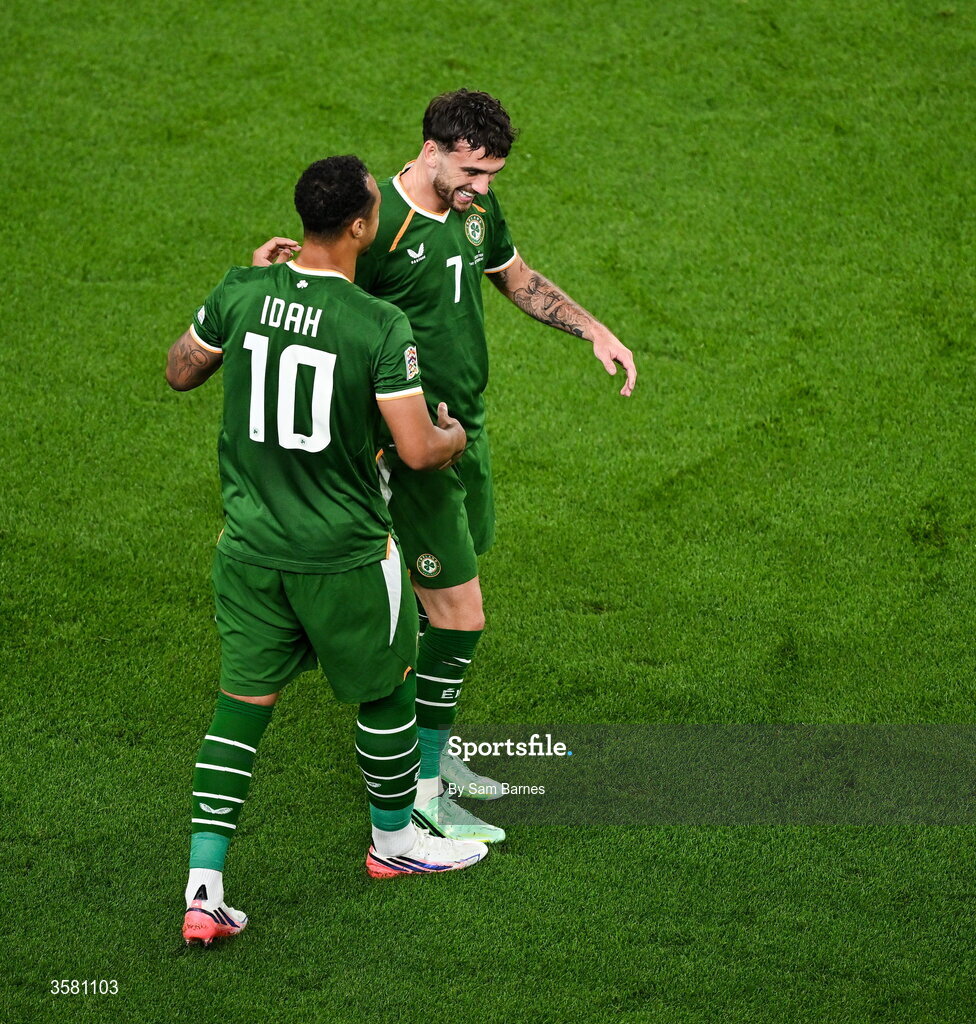1 October 2026; Troy Parrott of Republic of Ireland, right, celebrates with team-mate Adam Idah after scoring their side's first goal during the UEFA Nations League B match between the Republic of Ireland and Austria at the Aviva Stadium in Dublin. Photo by Sam Barnes/Sportsfile