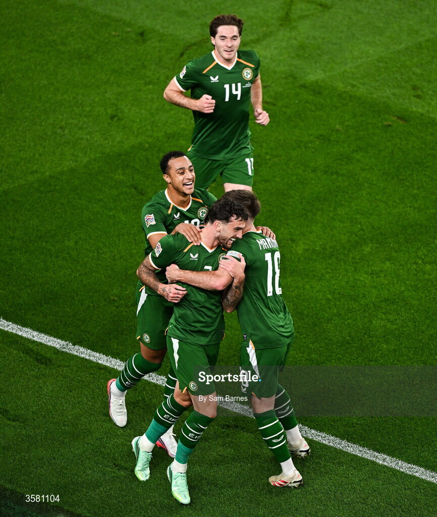 1 October 2026; Troy Parrott of Republic of Ireland, bottom centre, celebrates with team-mates Ryan Manning, right, Adam Idah, left, and Conor Coventry after scoring their side's first goal during the UEFA Nations League B match between the Republic of Ireland and Austria at the Aviva Stadium in Dublin. Photo by Sam Barnes/Sportsfile