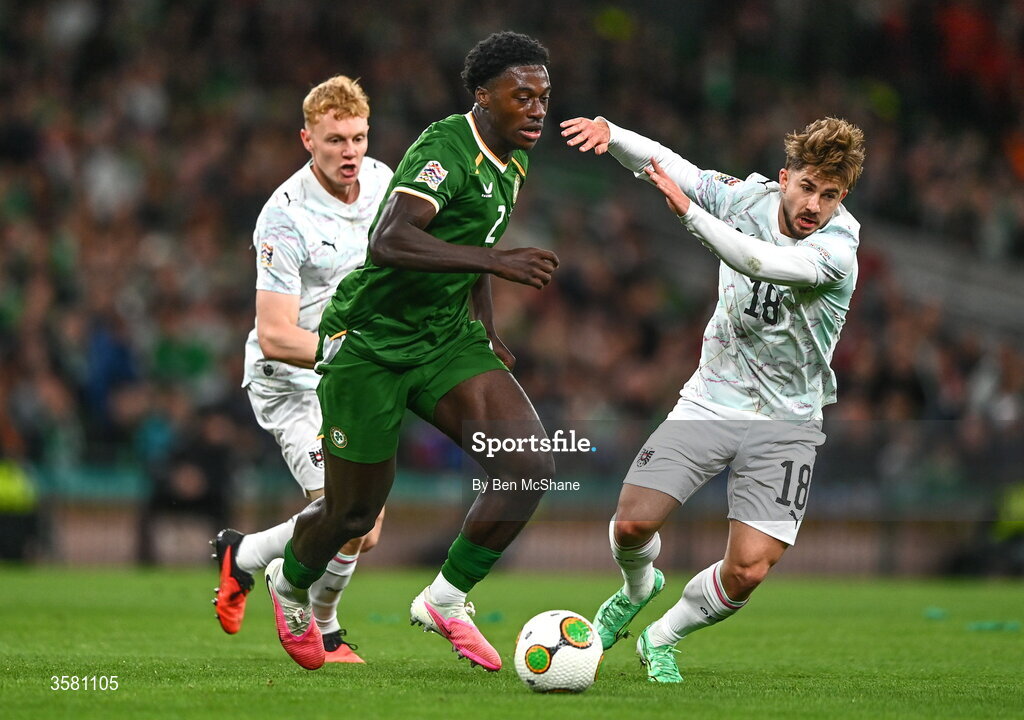 1 October 2026; James Abankwah of Republic of Ireland in action against Nicolas Seiwald, left, and Romano Schmid of Austria during the UEFA Nations League B match between the Republic of Ireland and Austria at the Aviva Stadium in Dublin. Photo by Ben McShane/Sportsfile