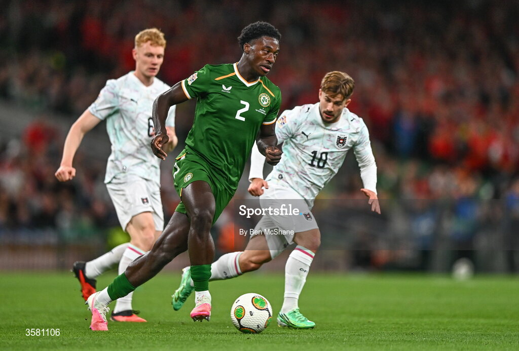 1 October 2026; James Abankwah of Republic of Ireland in action against Nicolas Seiwald, left, and Romano Schmid of Austria during the UEFA Nations League B match between the Republic of Ireland and Austria at the Aviva Stadium in Dublin. Photo by Ben McShane/Sportsfile