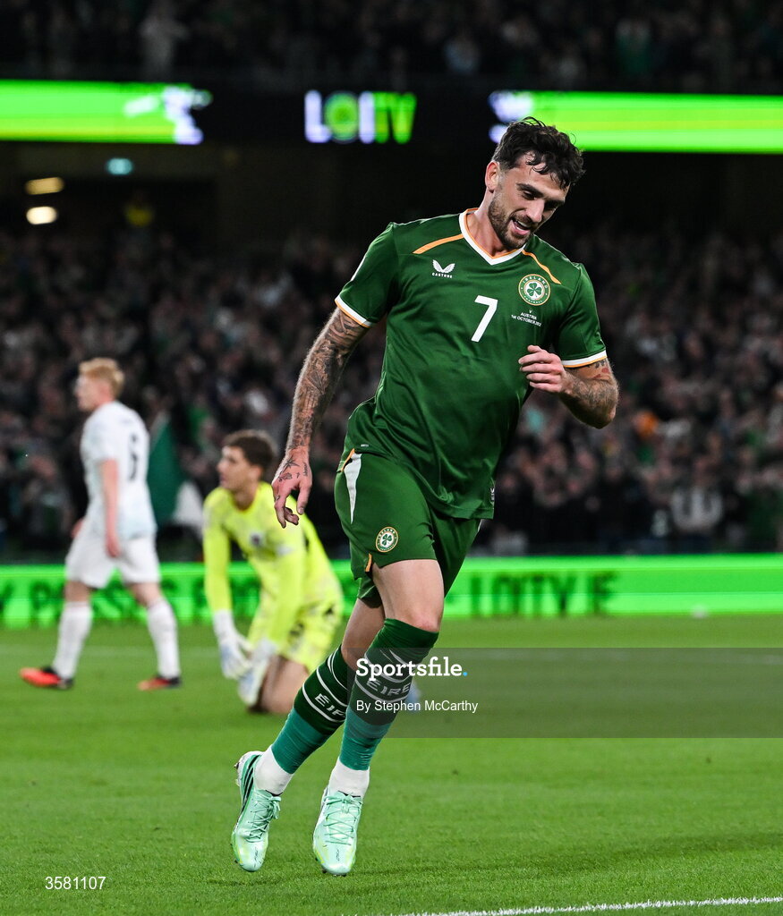 1 October 2026; Troy Parrott of Republic of Ireland celebrates after scoring his side's first goal during the UEFA Nations League B match between the Republic of Ireland and Austria at the Aviva Stadium in Dublin. Photo by Stephen McCarthy/Sportsfile