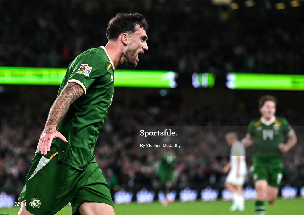 1 October 2026; Troy Parrott of Republic of Ireland celebrates after scoring his side's first goal during the UEFA Nations League B match between the Republic of Ireland and Austria at the Aviva Stadium in Dublin. Photo by Stephen McCarthy/Sportsfile