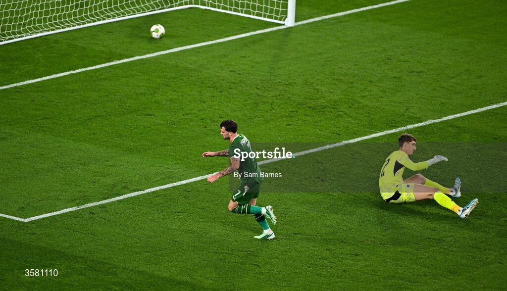 1 October 2026; Troy Parrott of Republic of Ireland celebrates after scoring his side's first goal during the UEFA Nations League B match between the Republic of Ireland and Austria at the Aviva Stadium in Dublin. Photo by Sam Barnes/Sportsfile