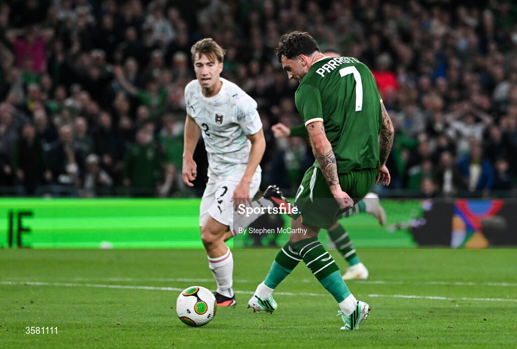 1 October 2026; Troy Parrott of Republic of Ireland scores his side's first goal during the UEFA Nations League B match between the Republic of Ireland and Austria at the Aviva Stadium in Dublin. Photo by Stephen McCarthy/Sportsfile