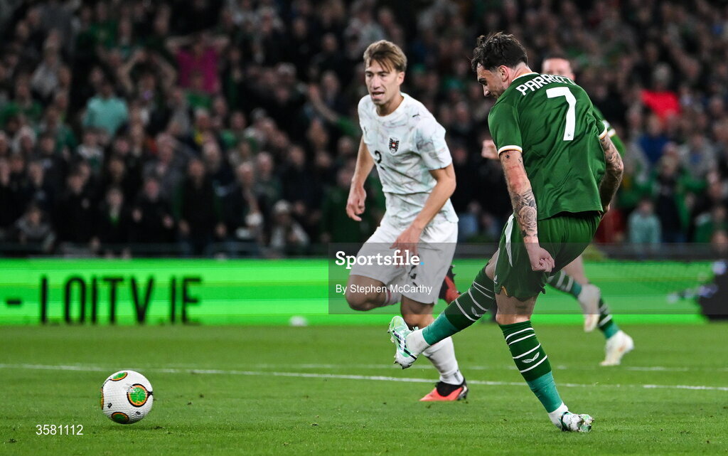 1 October 2026; Troy Parrott of Republic of Ireland scores his side's first goal during the UEFA Nations League B match between the Republic of Ireland and Austria at the Aviva Stadium in Dublin. Photo by Stephen McCarthy/Sportsfile