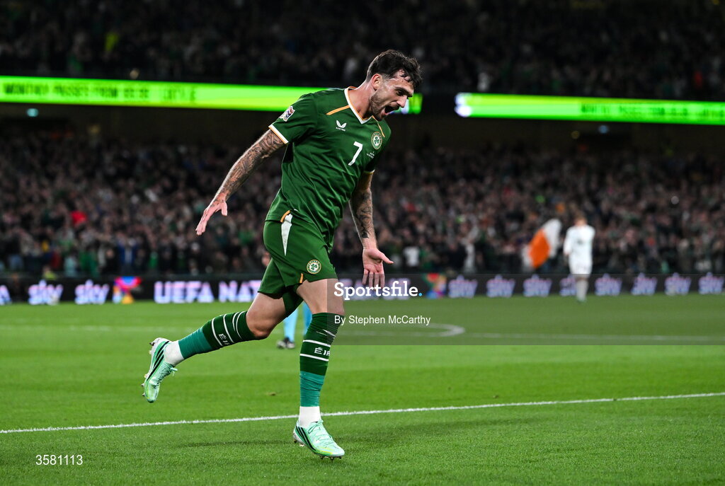 1 October 2026; Troy Parrott of Republic of Ireland celebrates after scoring his side's first goal during the UEFA Nations League B match between the Republic of Ireland and Austria at the Aviva Stadium in Dublin. Photo by Stephen McCarthy/Sportsfile
