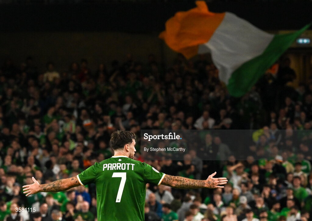 1 October 2026; Troy Parrott of Republic of Ireland celebrates after scoring his side's first goal during the UEFA Nations League B match between the Republic of Ireland and Austria at the Aviva Stadium in Dublin. Photo by Stephen McCarthy/Sportsfile