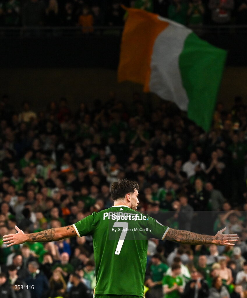 1 October 2026; Troy Parrott of Republic of Ireland celebrates after scoring his side's first goal during the UEFA Nations League B match between the Republic of Ireland and Austria at the Aviva Stadium in Dublin. Photo by Stephen McCarthy/Sportsfile