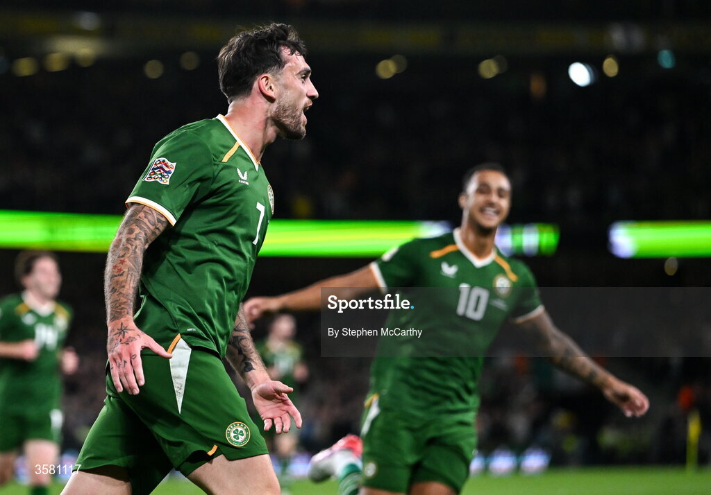 1 October 2026; Troy Parrott of Republic of Ireland celebrates after scoring his side's first goal during the UEFA Nations League B match between the Republic of Ireland and Austria at the Aviva Stadium in Dublin. Photo by Stephen McCarthy/Sportsfile