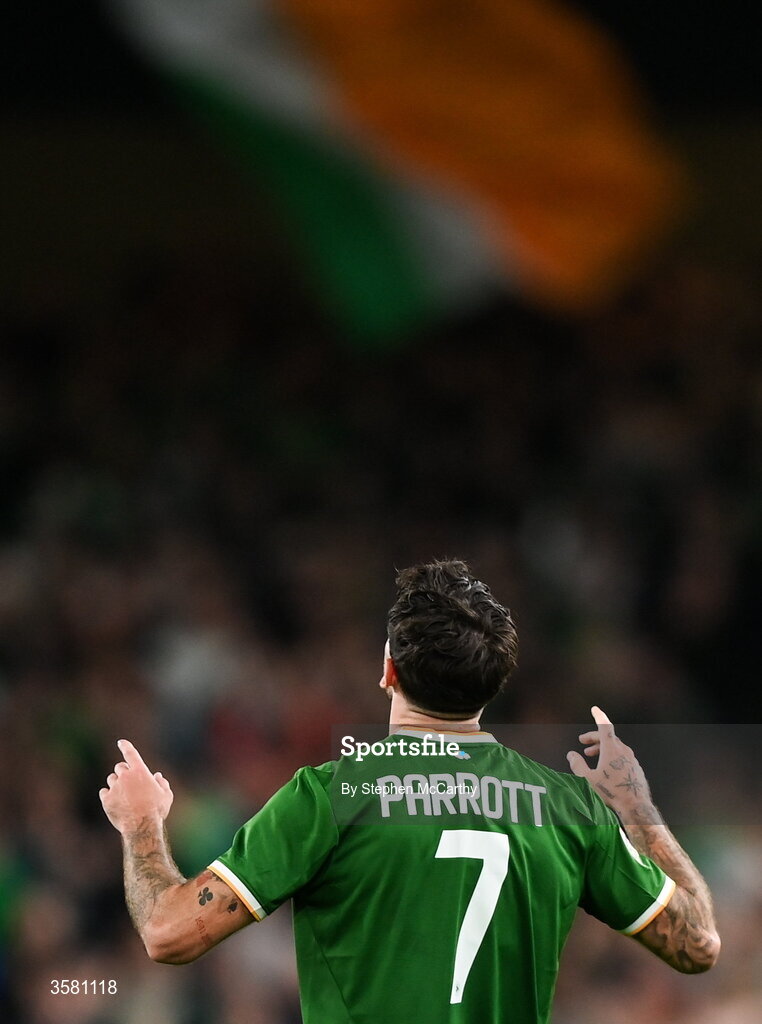 1 October 2026; Troy Parrott of Republic of Ireland celebrates after scoring his side's first goal during the UEFA Nations League B match between the Republic of Ireland and Austria at the Aviva Stadium in Dublin. Photo by Stephen McCarthy/Sportsfile