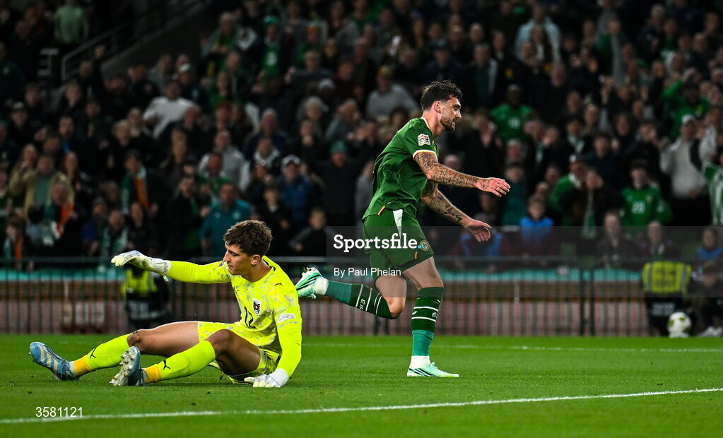1 October 2026; Troy Parrott of Republic of Ireland celebrates after scoring his side's first goal during the UEFA Nations League B match between the Republic of Ireland and Austria at the Aviva Stadium in Dublin. Photo by Paul Phelan/Sportsfile