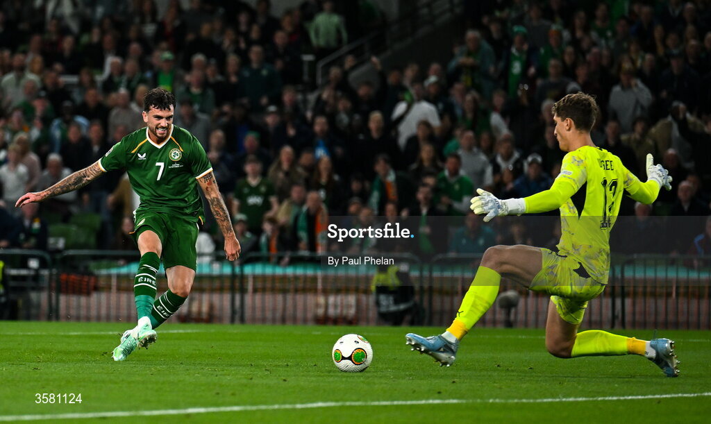 1 October 2026; Troy Parrott of Republic of Ireland shoots to score his side's first goal past Austria goalkeeper Florian Wiegele during the UEFA Nations League B match between the Republic of Ireland and Austria at the Aviva Stadium in Dublin. Photo by Paul Phelan/Sportsfile