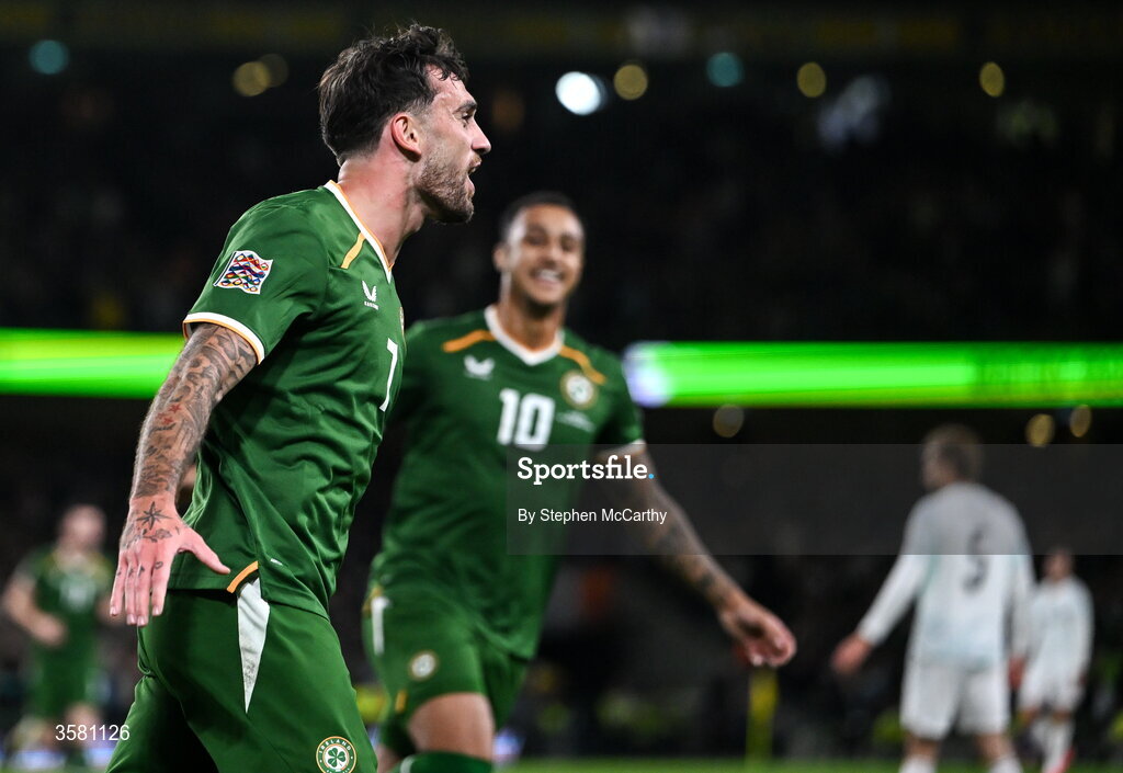 1 October 2026; Troy Parrott of Republic of Ireland celebrates after scoring his side's first goal during the UEFA Nations League B match between the Republic of Ireland and Austria at the Aviva Stadium in Dublin. Photo by Stephen McCarthy/Sportsfile