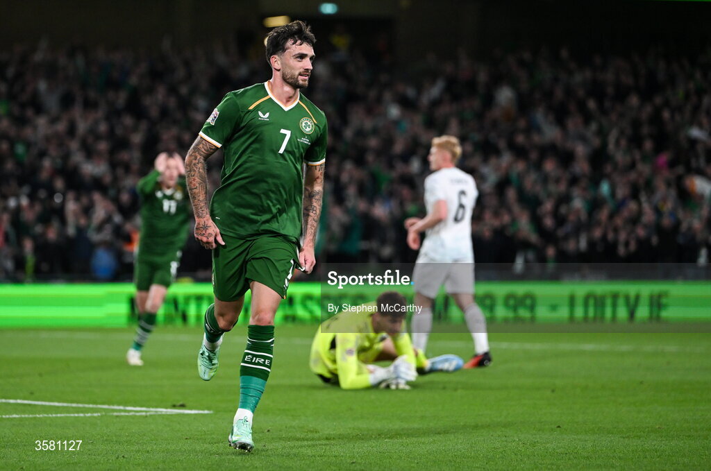 1 October 2026; Troy Parrott of Republic of Ireland celebrates after scoring his side's first goal during the UEFA Nations League B match between the Republic of Ireland and Austria at the Aviva Stadium in Dublin. Photo by Stephen McCarthy/Sportsfile