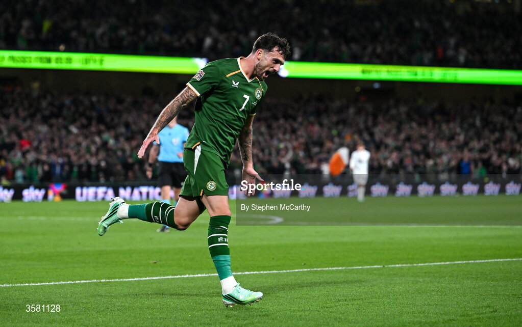 1 October 2026; Troy Parrott of Republic of Ireland celebrates after scoring his side's first goal during the UEFA Nations League B match between the Republic of Ireland and Austria at the Aviva Stadium in Dublin. Photo by Stephen McCarthy/Sportsfile