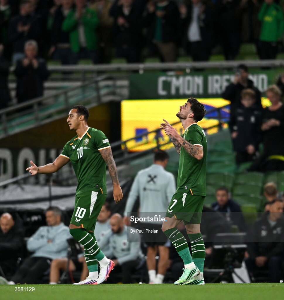 1 October 2026; Troy Parrott of Republic of Ireland, right, celebrates after scoring his side's first goal during the UEFA Nations League B match between the Republic of Ireland and Austria at the Aviva Stadium in Dublin. Photo by Paul Phelan/Sportsfile
