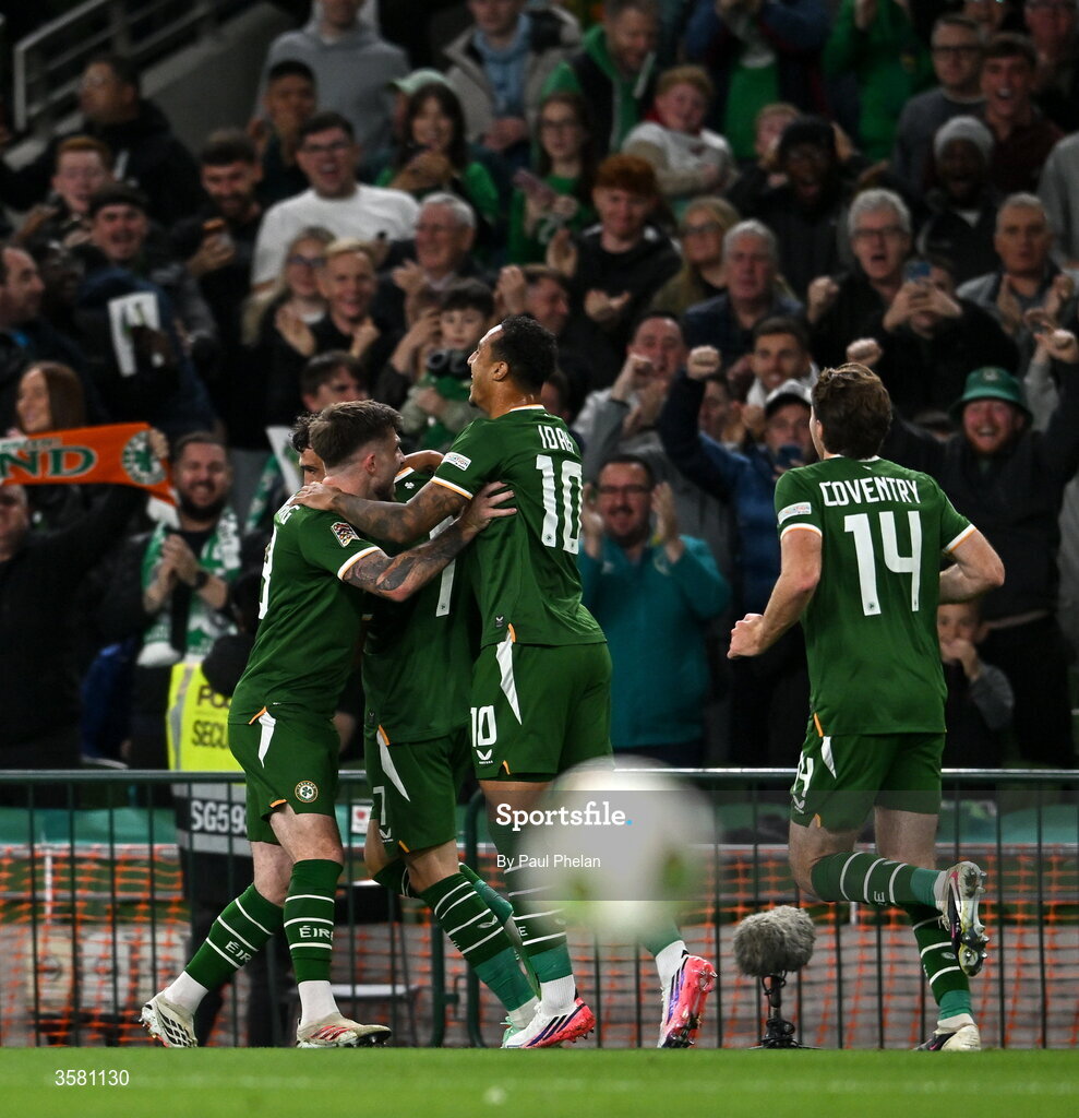 1 October 2026; Troy Parrott of Republic of Ireland, second from right, celebrates with team-mates, from left, Ryan Manning, Adam Idah and Conor Coventry after scoring their side's first goal during the UEFA Nations League B match between the Republic of Ireland and Austria at the Aviva Stadium in Dublin. Photo by Paul Phelan/Sportsfile