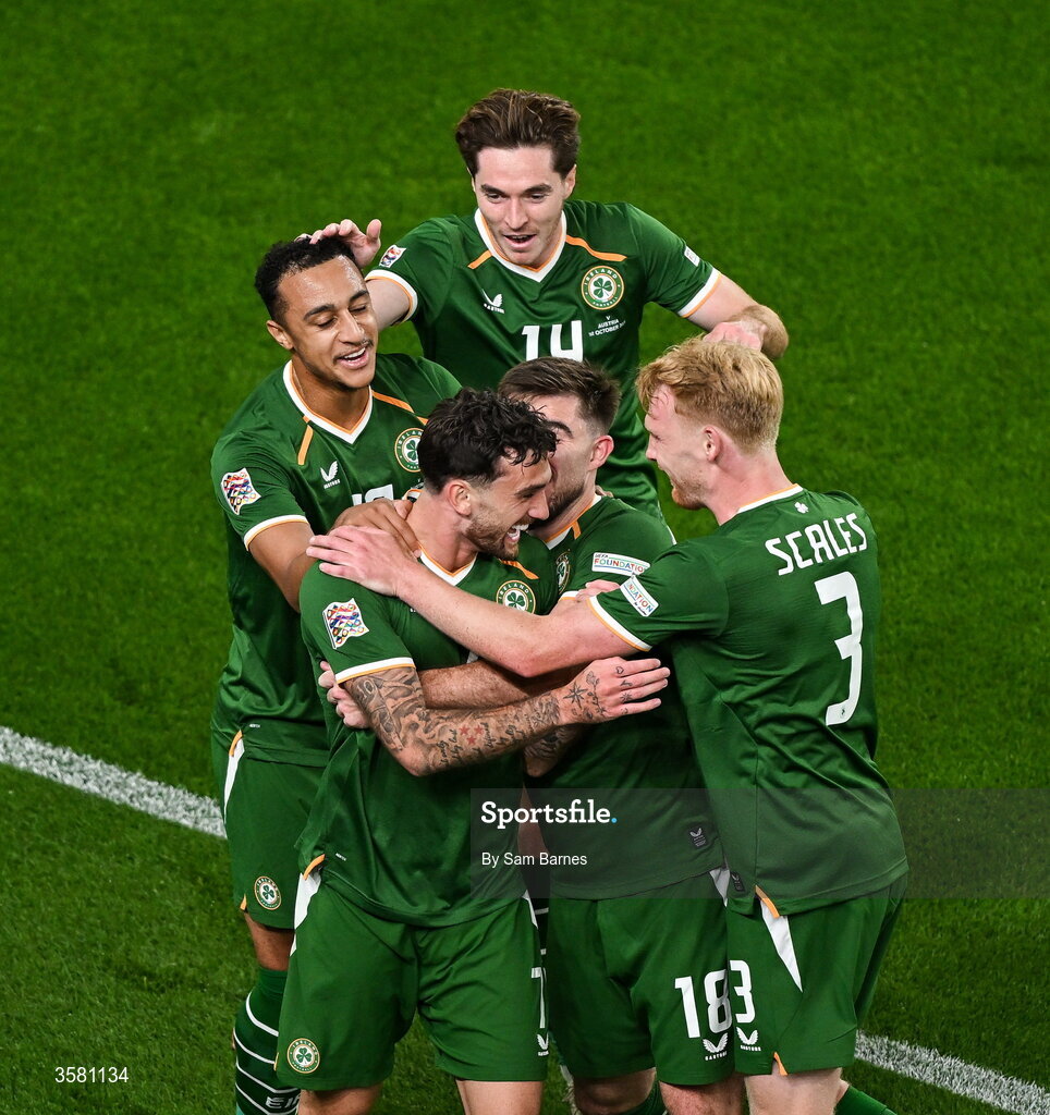 1 October 2026; Troy Parrott of Republic of Ireland, bottom centre, celebrates with team-mates, from left, Adam Idah, Conor Coventry, Ryan Manning and Liam Scales after scoring their side's first goal during the UEFA Nations League B match between the Republic of Ireland and Austria at the Aviva Stadium in Dublin. Photo by Sam Barnes/Sportsfile