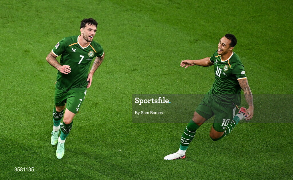 1 October 2026; Troy Parrott of Republic of Ireland, left, celebrates with team-mate Adam Idah after scoring their side's first goal during the UEFA Nations League B match between the Republic of Ireland and Austria at the Aviva Stadium in Dublin. Photo by Sam Barnes/Sportsfile