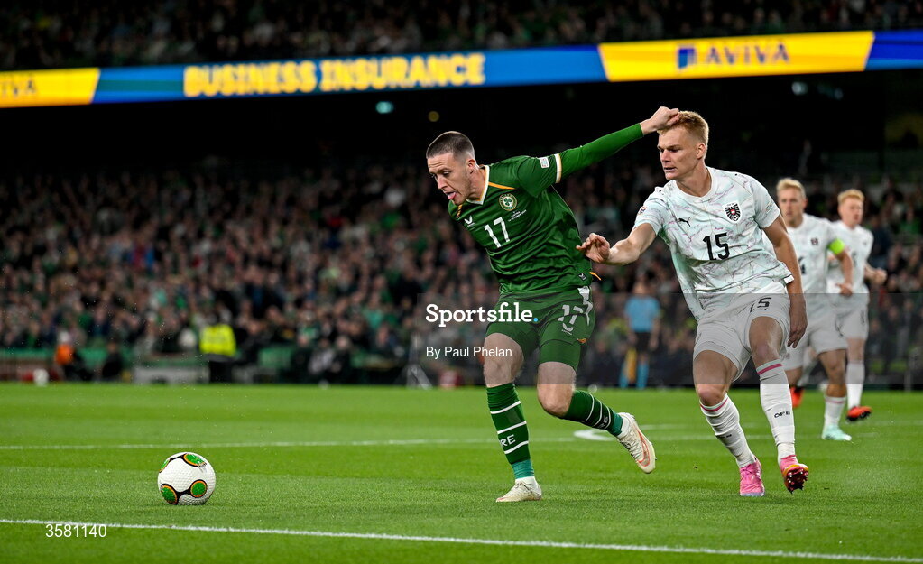 1 October 2026; Jack Moylan of Republic of Ireland in action against Philipp Lienhart of Austria during the UEFA Nations League B match between the Republic of Ireland and Austria at the Aviva Stadium in Dublin. Photo by Paul Phelan/Sportsfile