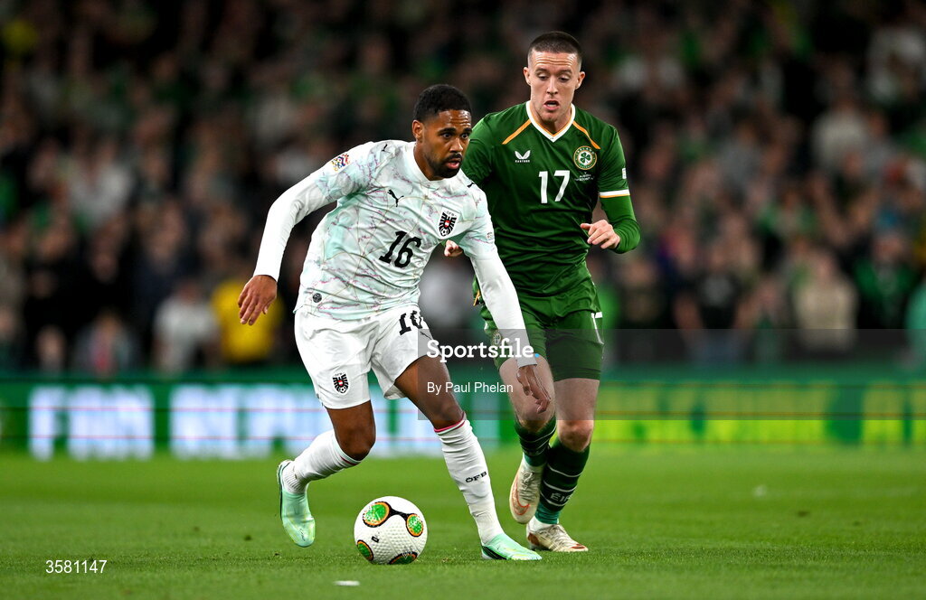 1 October 2026; Phillipp Mwene of Austria in action against Jack Moylan of Republic of Ireland during the UEFA Nations League B match between the Republic of Ireland and Austria at the Aviva Stadium in Dublin. Photo by Paul Phelan/Sportsfile