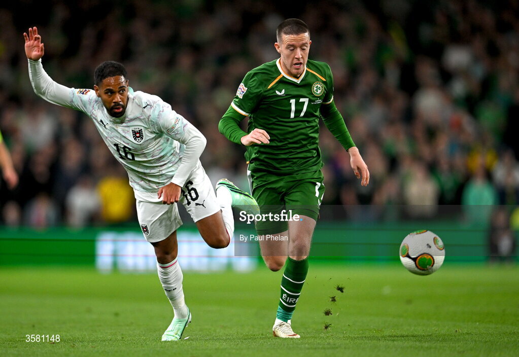 1 October 2026; Phillipp Mwene of Austria in action against Jack Moylan of Republic of Ireland during the UEFA Nations League B match between the Republic of Ireland and Austria at the Aviva Stadium in Dublin. Photo by Paul Phelan/Sportsfile