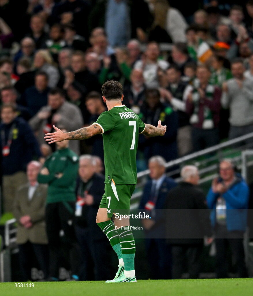 1 October 2026; Troy Parrott of Republic of Ireland celebrates after scoring his side's first goal during the UEFA Nations League B match between the Republic of Ireland and Austria at the Aviva Stadium in Dublin. Photo by Paul Phelan/Sportsfile