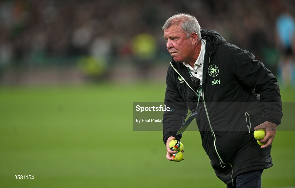1 October 2026; A member of security collects tennis balls which were thrown onto the pitch in protest during the UEFA Nations League B match between the Republic of Ireland and Austria at the Aviva Stadium in Dublin. Photo by Paul Phelan/Sportsfile