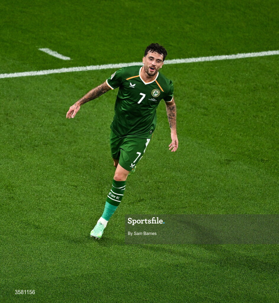 1 October 2026; Troy Parrott of Republic of Ireland celebrates after scoring his side's first goal during the UEFA Nations League B match between the Republic of Ireland and Austria at the Aviva Stadium in Dublin. Photo by Sam Barnes/Sportsfile