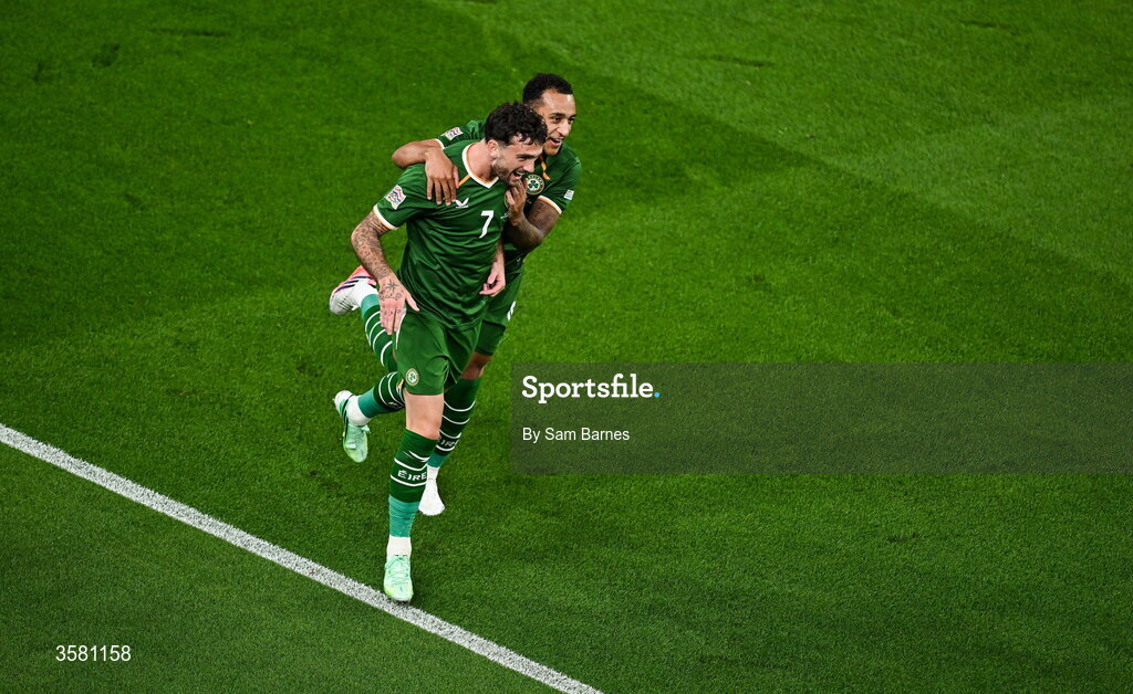 1 October 2026; Troy Parrott of Republic of Ireland, 7, celebrates with team-mate Adam Idah after scoring their side's first goal during the UEFA Nations League B match between the Republic of Ireland and Austria at the Aviva Stadium in Dublin. Photo by Sam Barnes/Sportsfile