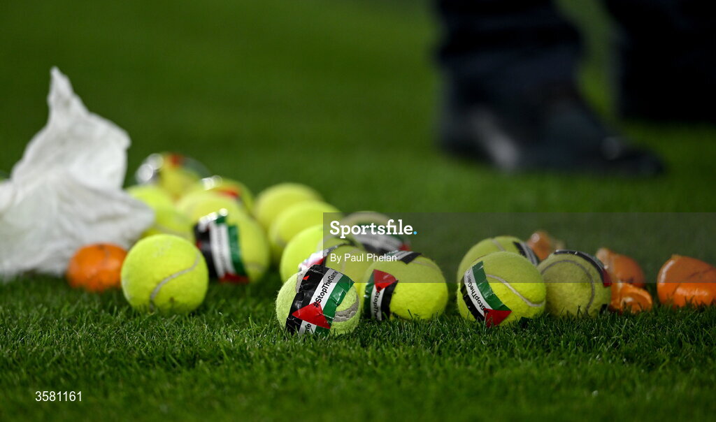 1 October 2026; A general view of tennis balls which were thrown onto the pitch in protest during the UEFA Nations League B match between the Republic of Ireland and Austria at the Aviva Stadium in Dublin. Photo by Paul Phelan/Sportsfile