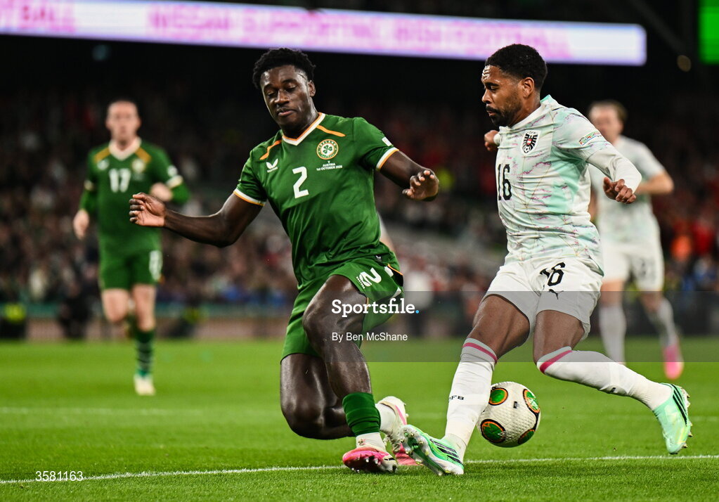 1 October 2026; Phillipp Mwene of Austria in action against James Abankwah of Republic of Ireland during the UEFA Nations League B match between the Republic of Ireland and Austria at the Aviva Stadium in Dublin. Photo by Ben McShane/Sportsfile
