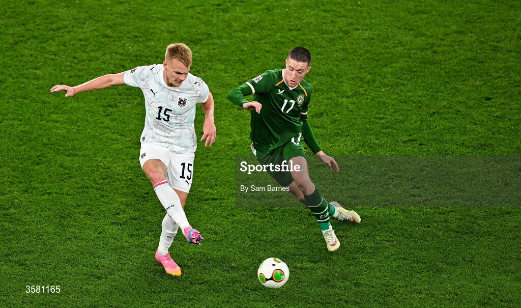 1 October 2026; Philipp Lienhart of Austria in action against Jack Moylan of Republic of Ireland during the UEFA Nations League B match between the Republic of Ireland and Austria at the Aviva Stadium in Dublin. Photo by Sam Barnes/Sportsfile