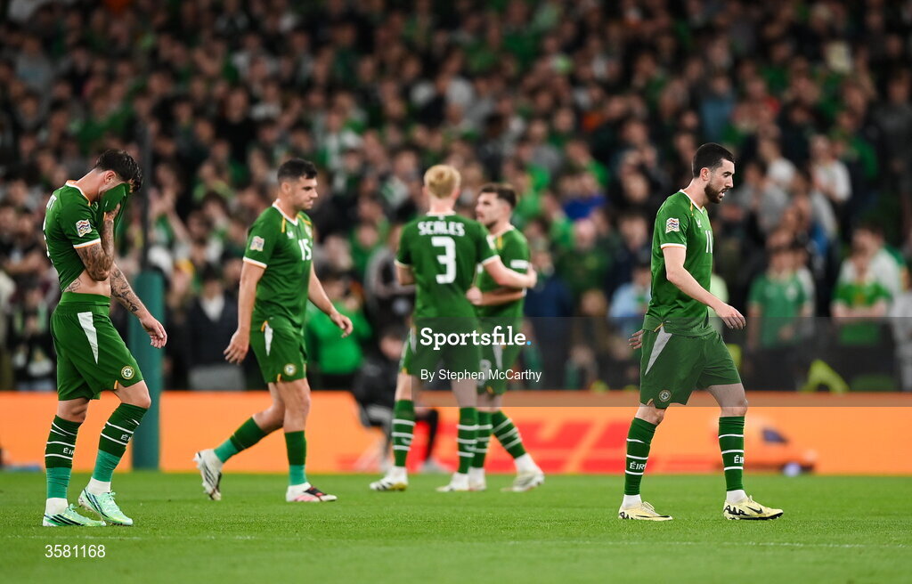 1 October 2026; Finn Azaz of Republic of Ireland, right, and teammates leave the pitch during a break in play as supporters throw tennis balls onto the pitch in protest during the UEFA Nations League B match between the Republic of Ireland and Austria at the Aviva Stadium in Dublin. Photo by Stephen McCarthy/Sportsfile
