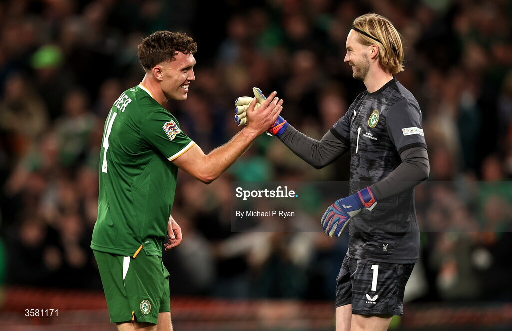 1 October 2026; Republic of Ireland players Dara O'Shea, left, and Caoimhín Kelleher celebrate their side's first goal, scored by Troy Parrott, not pictured, during the UEFA Nations League B match between the Republic of Ireland and Austria at the Aviva Stadium in Dublin. Photo by Michael P Ryan/Sportsfile
