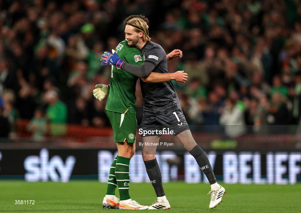 1 October 2026; Republic of Ireland players Dara O'Shea, left, and Caoimhín Kelleher celebrate their side's first goal, scored by Troy Parrott, not pictured, during the UEFA Nations League B match between the Republic of Ireland and Austria at the Aviva Stadium in Dublin. Photo by Michael P Ryan/Sportsfile