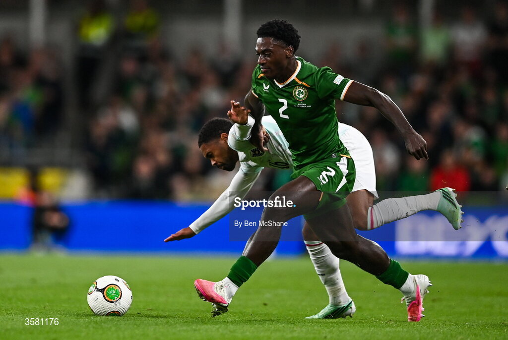 1 October 2026; Phillipp Mwene of Austria is tackled by James Abankwah of Republic of Ireland during the UEFA Nations League B match between the Republic of Ireland and Austria at the Aviva Stadium in Dublin. Photo by Ben McShane/Sportsfile