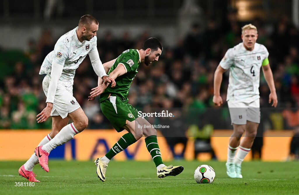 1 October 2026; Finn Azaz of Republic of Ireland in action against Sasa Kalajdzic of Austria during the UEFA Nations League B match between the Republic of Ireland and Austria at the Aviva Stadium in Dublin. Photo by Ben McShane/Sportsfile