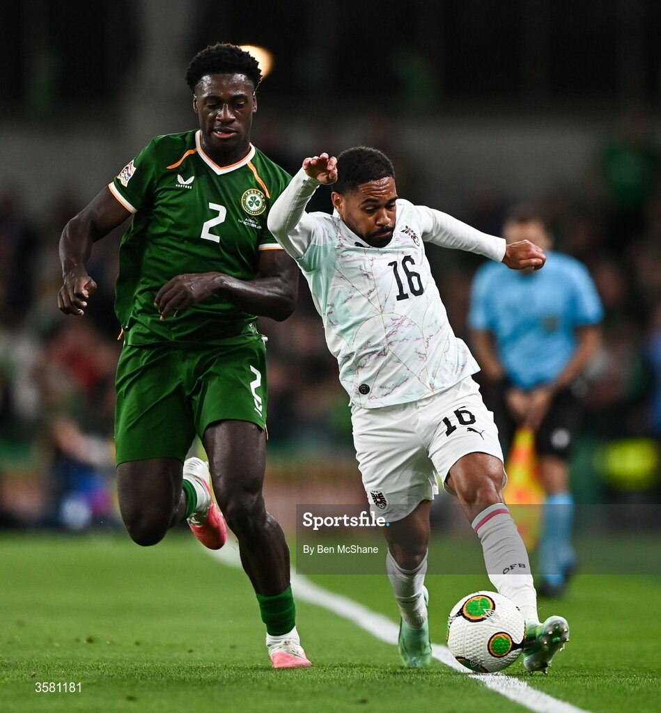1 October 2026; Phillipp Mwene of Austria in action against James Abankwah of Republic of Ireland during the UEFA Nations League B match between the Republic of Ireland and Austria at the Aviva Stadium in Dublin. Photo by Ben McShane/Sportsfile