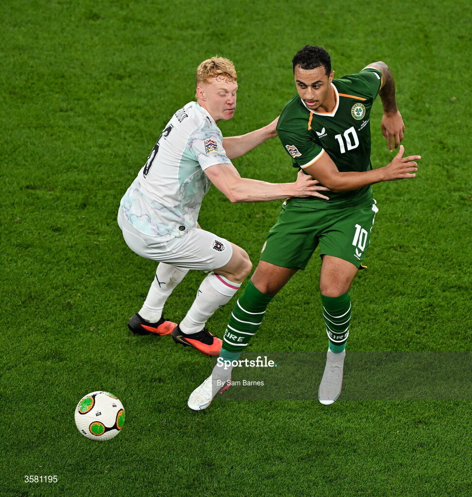 1 October 2026; Adam Idah of Republic of Ireland in action against Nicolas Seiwald of Austria during the UEFA Nations League B match between the Republic of Ireland and Austria at the Aviva Stadium in Dublin. Photo by Sam Barnes/Sportsfile