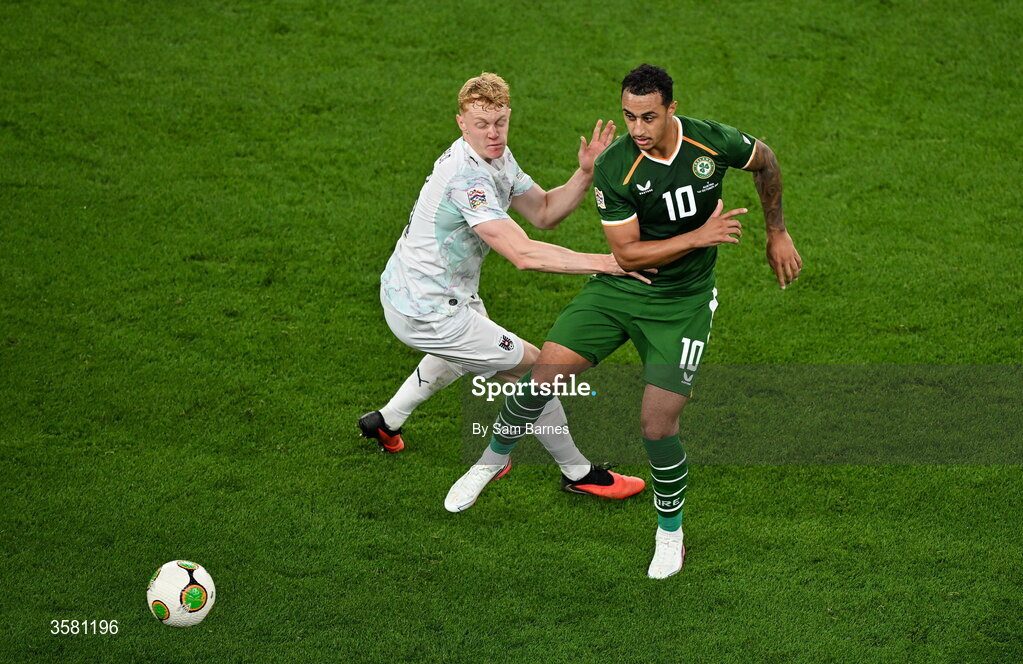 1 October 2026; Adam Idah of Republic of Ireland in action against Nicolas Seiwald of Austria during the UEFA Nations League B match between the Republic of Ireland and Austria at the Aviva Stadium in Dublin. Photo by Sam Barnes/Sportsfile