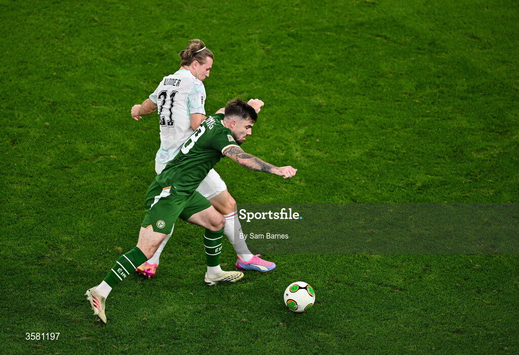 1 October 2026; Ryan Manning of Republic of Ireland in action against Patrick Wimmer of Austria during the UEFA Nations League B match between the Republic of Ireland and Austria at the Aviva Stadium in Dublin. Photo by Sam Barnes/Sportsfile