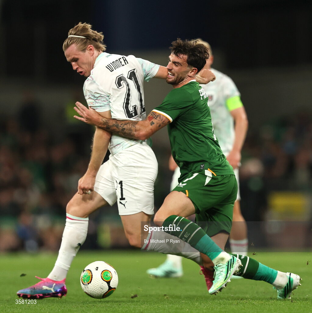 1 October 2026; Patrick Wimmer of Austria in action against Troy Parrott of Republic of Ireland during the UEFA Nations League B match between the Republic of Ireland and Austria at the Aviva Stadium in Dublin. Photo by Michael P Ryan/Sportsfile