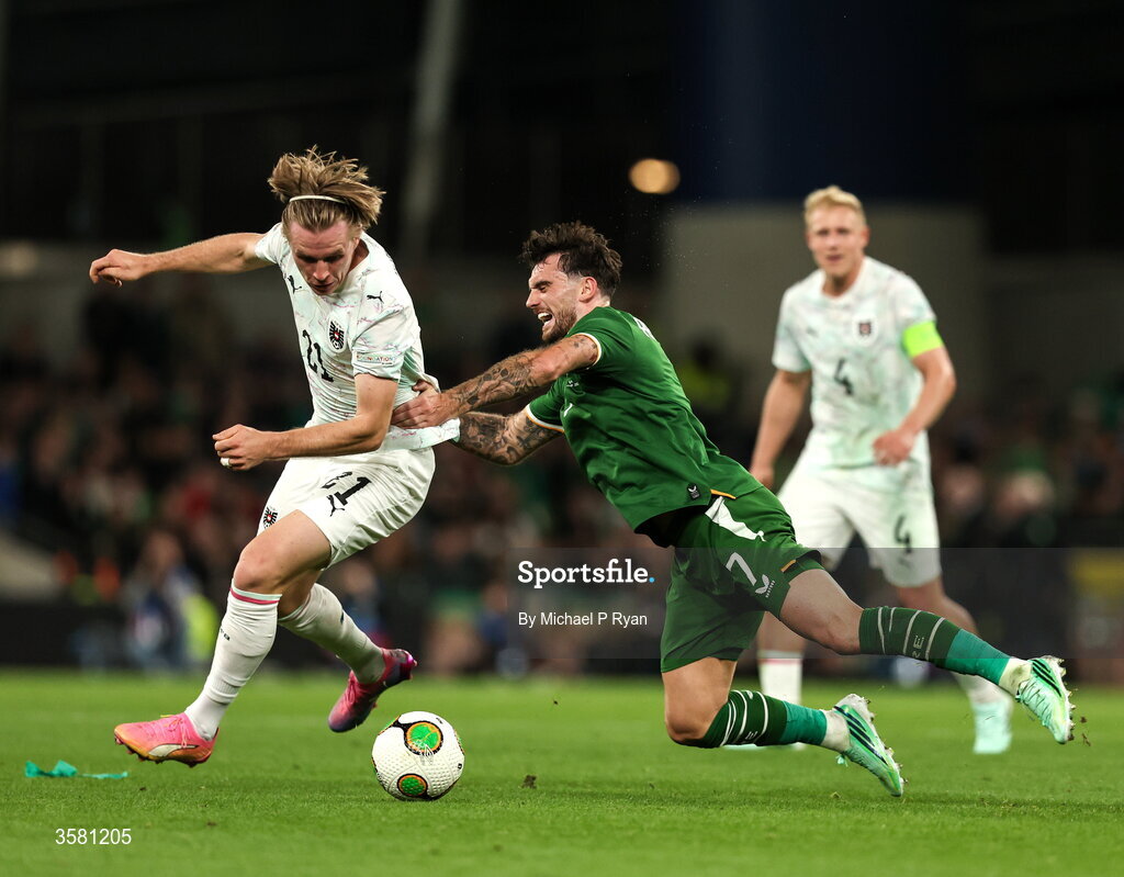 1 October 2026; Patrick Wimmer of Austria in action against Troy Parrott of Republic of Ireland during the UEFA Nations League B match between the Republic of Ireland and Austria at the Aviva Stadium in Dublin. Photo by Michael P Ryan/Sportsfile