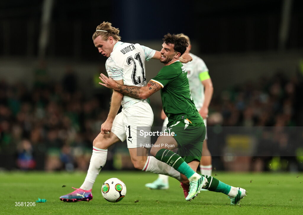 1 October 2026; Patrick Wimmer of Austria in action against Troy Parrott of Republic of Ireland during the UEFA Nations League B match between the Republic of Ireland and Austria at the Aviva Stadium in Dublin. Photo by Michael P Ryan/Sportsfile