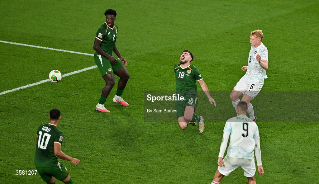 1 October 2026; Ryan Manning of Republic of Ireland, 18, is fouled by Nicolas Seiwald of Austria which resulted in a penalty kick being given to the Republic of Ireland during the UEFA Nations League B match between the Republic of Ireland and Austria at the Aviva Stadium in Dublin. Photo by Sam Barnes/Sportsfile