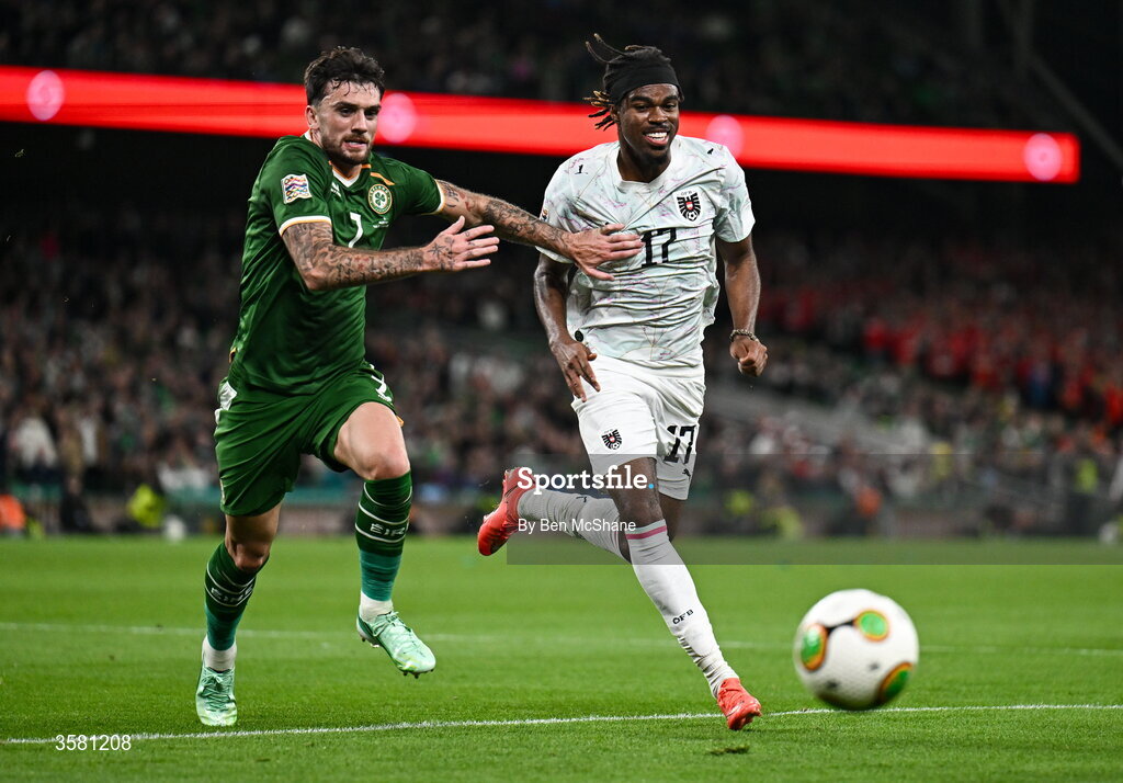 1 October 2026; Troy Parrott of Republic of Ireland in action against Carney Chukwuemeka of Austria during the UEFA Nations League B match between the Republic of Ireland and Austria at the Aviva Stadium in Dublin. Photo by Ben McShane/Sportsfile