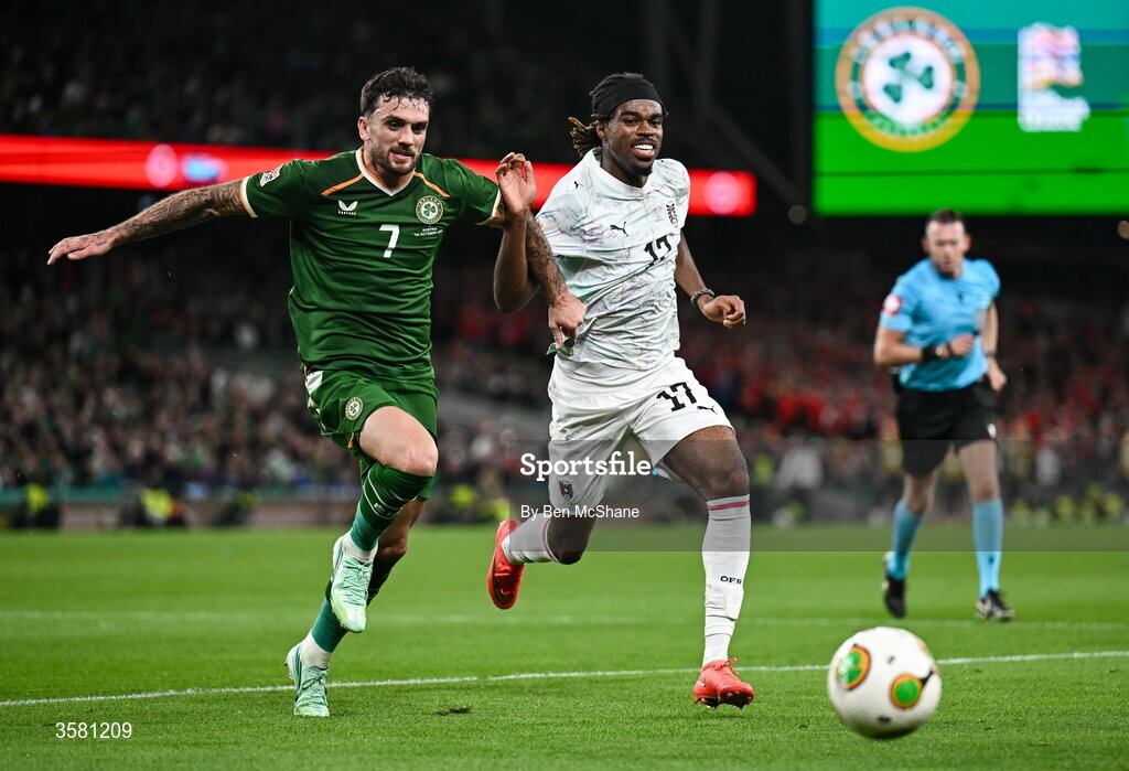 1 October 2026; Troy Parrott of Republic of Ireland in action against Carney Chukwuemeka of Austria during the UEFA Nations League B match between the Republic of Ireland and Austria at the Aviva Stadium in Dublin. Photo by Ben McShane/Sportsfile