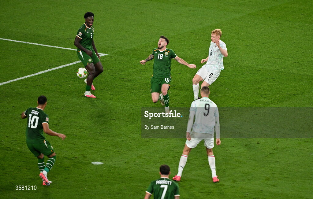 1 October 2026; Ryan Manning of Republic of Ireland, 18, is fouled by Nicolas Seiwald of Austria which resulted in a penalty kick being given to the Republic of Ireland during the UEFA Nations League B match between the Republic of Ireland and Austria at the Aviva Stadium in Dublin. Photo by Sam Barnes/Sportsfile